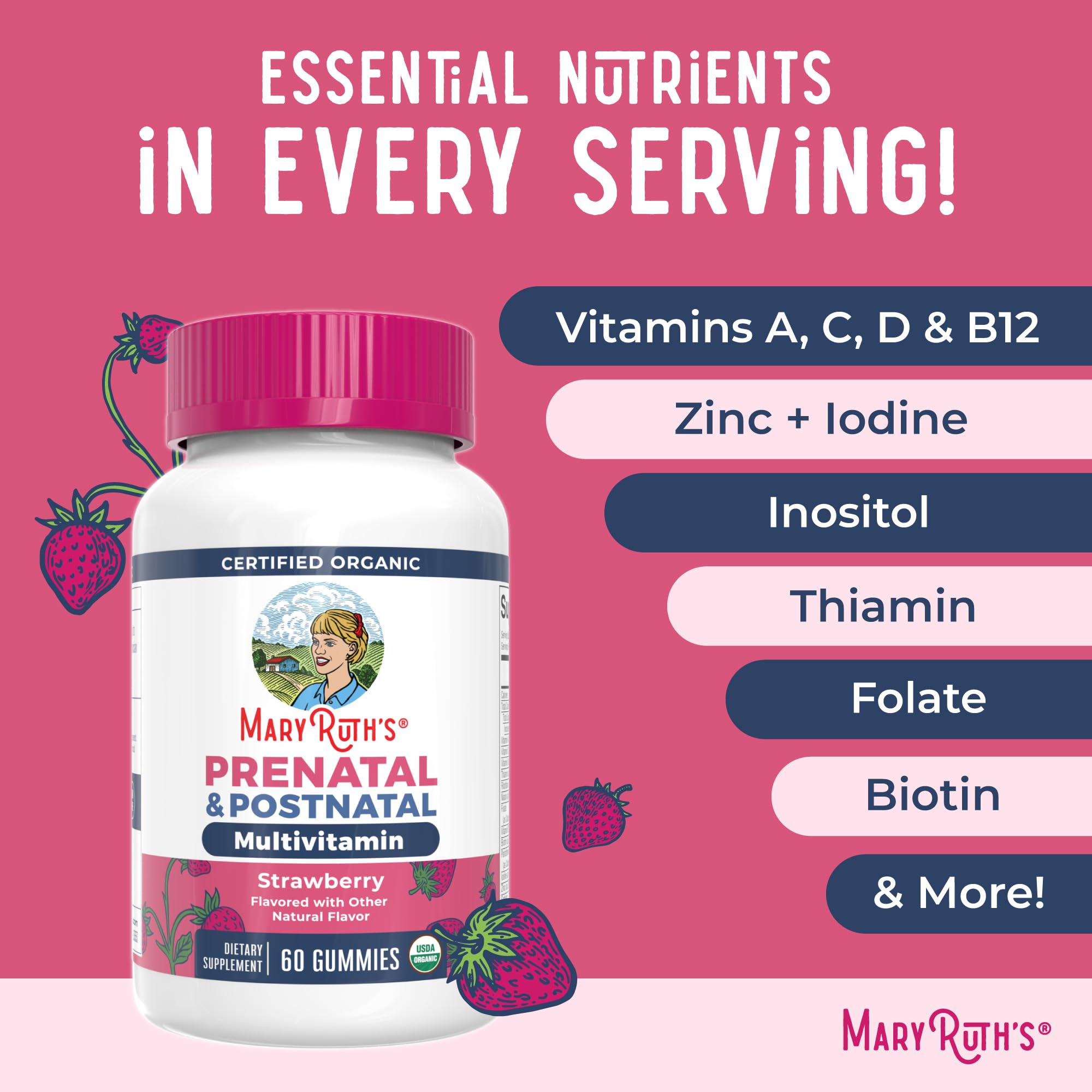 Strawberry-flavored prenatal gummies with lifestyle imagery