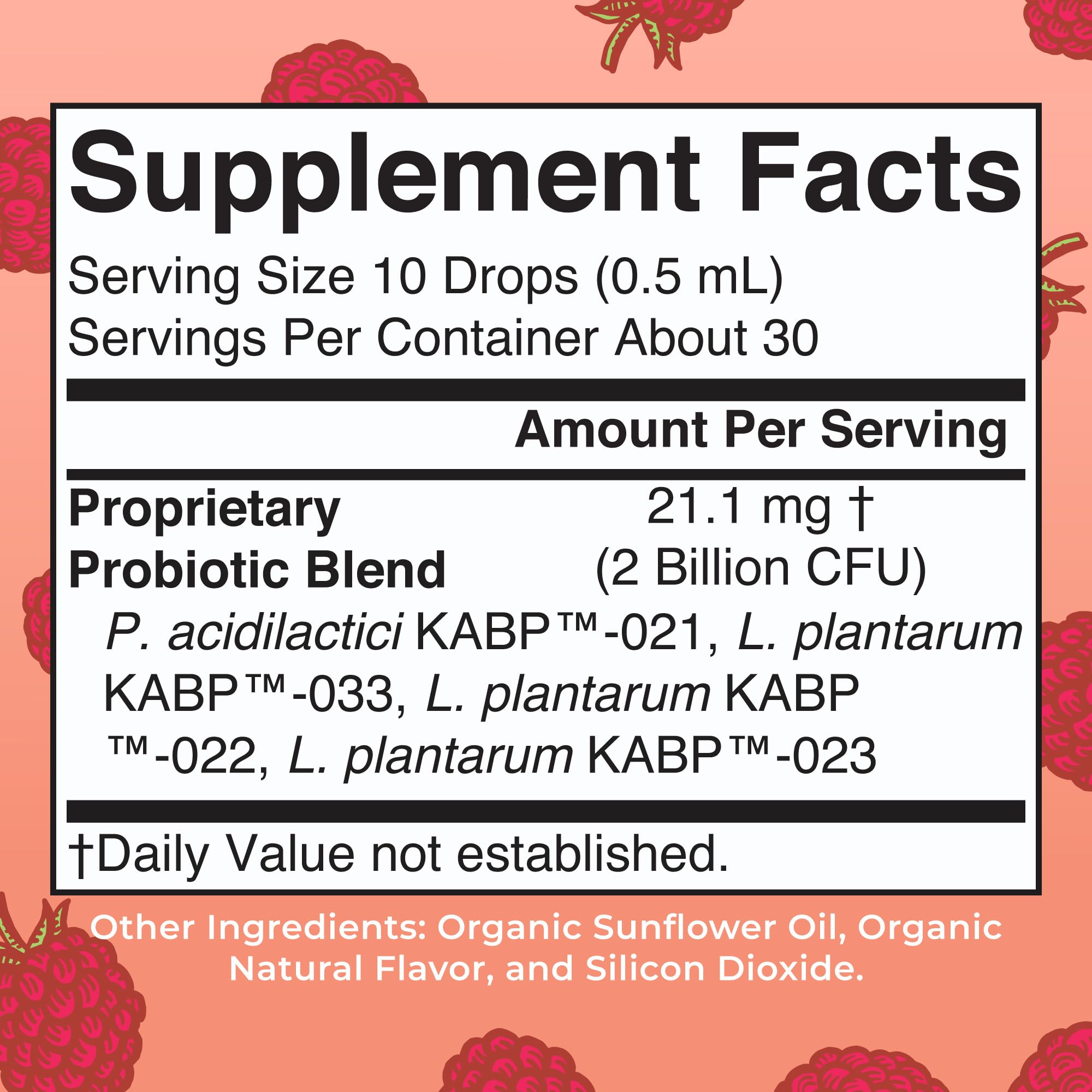 Close-up of Raspberry Probiotic Drops bottle