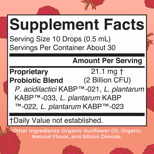 Close-up of Raspberry Probiotic Drops bottle