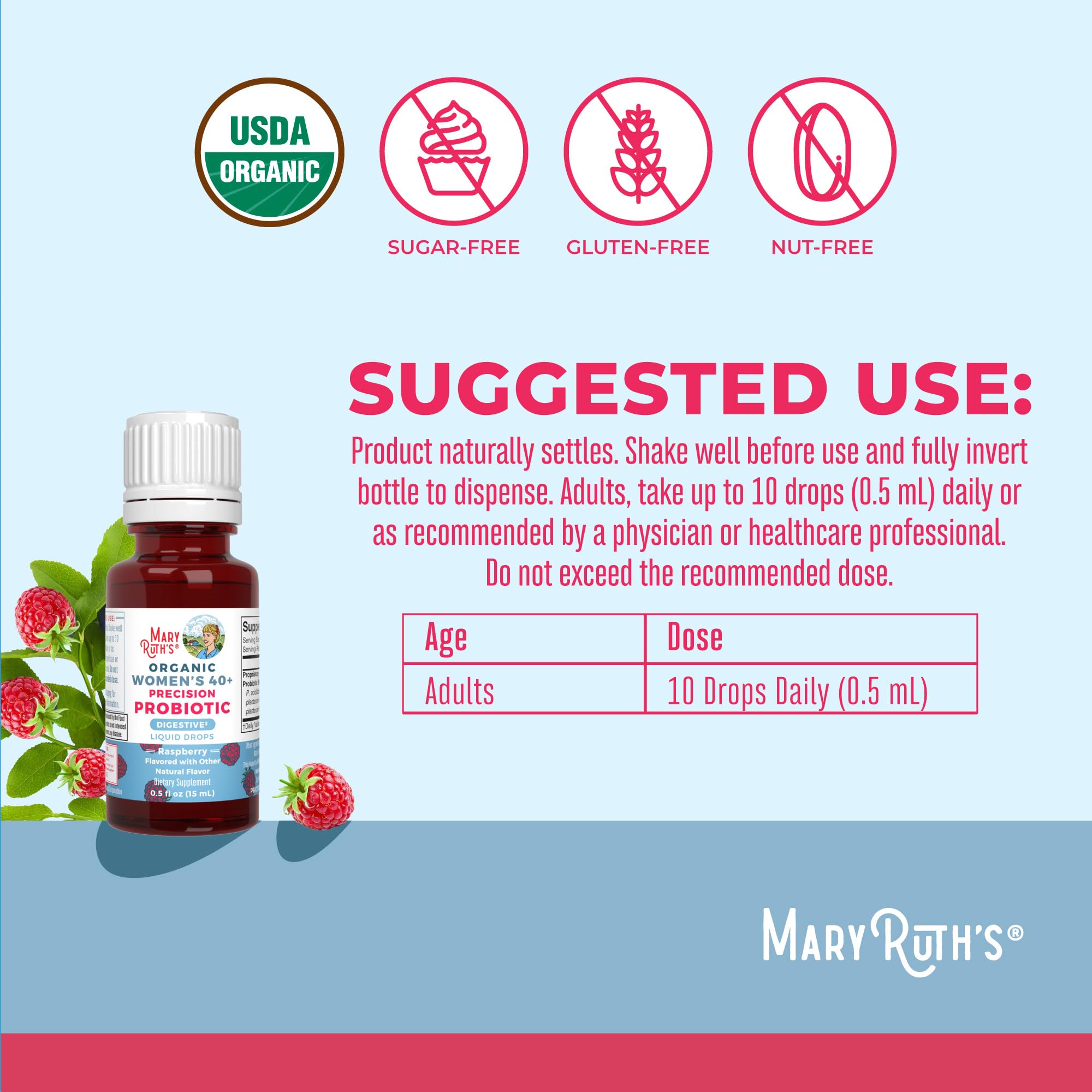 MaryRuth Organics ingredients glass emphasizes clean, clinically studied strains in a tasty liquid.