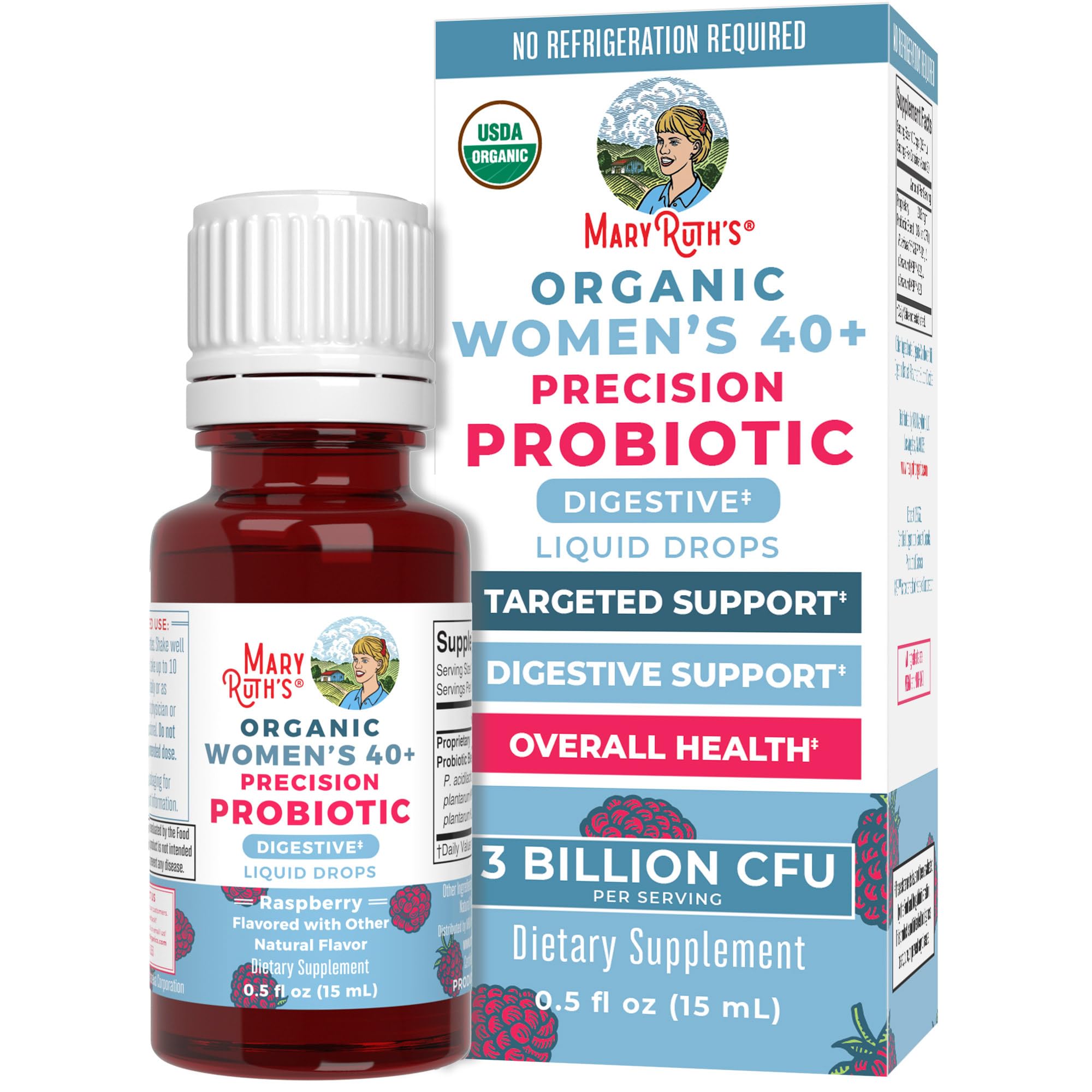 MaryRuth Organics probiotic drops raspberry bottle showcases convenient liquid probiotic for women's digestive health.