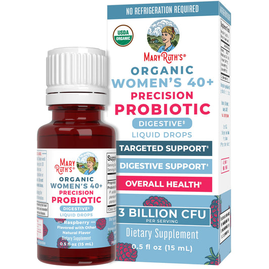 MaryRuth Organics probiotic drops raspberry bottle showcases convenient liquid probiotic for women's digestive health.