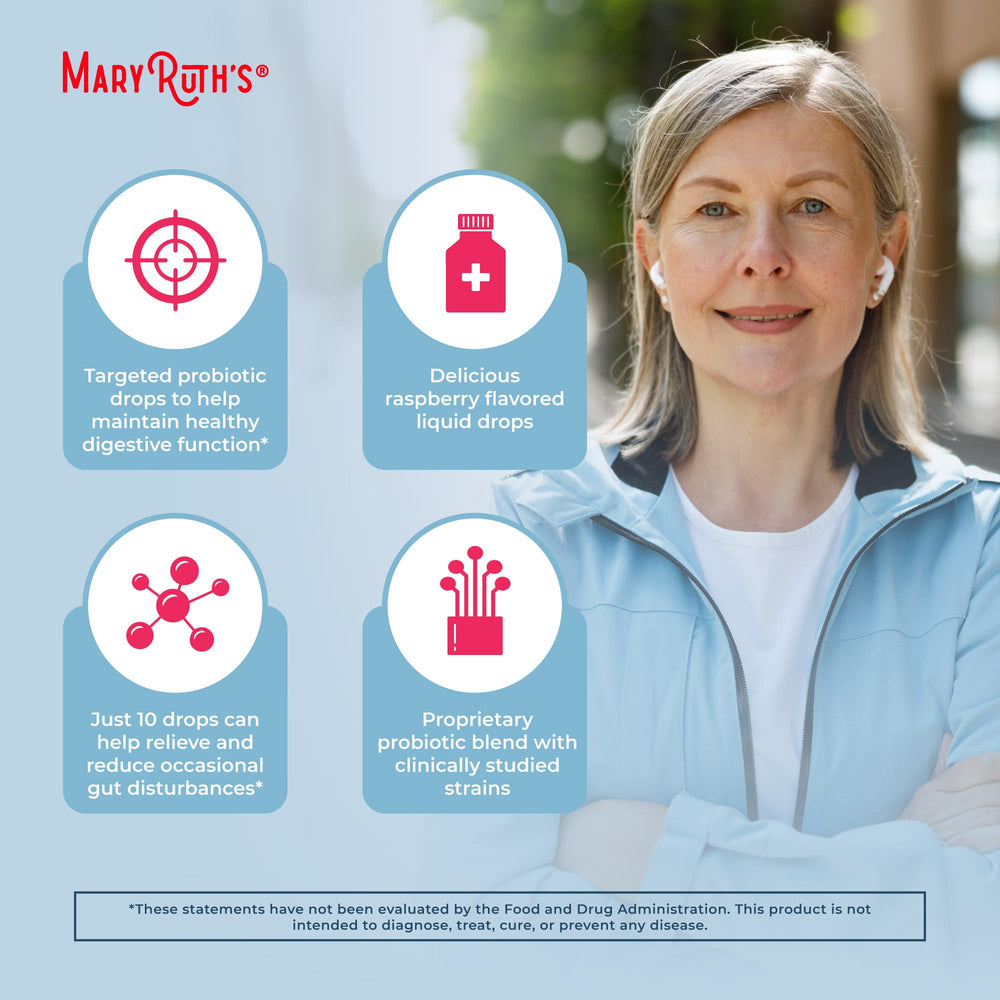 MaryRuth Organics probiotic bottle with 40+ woman lifestyle showcases targeted digestive support.