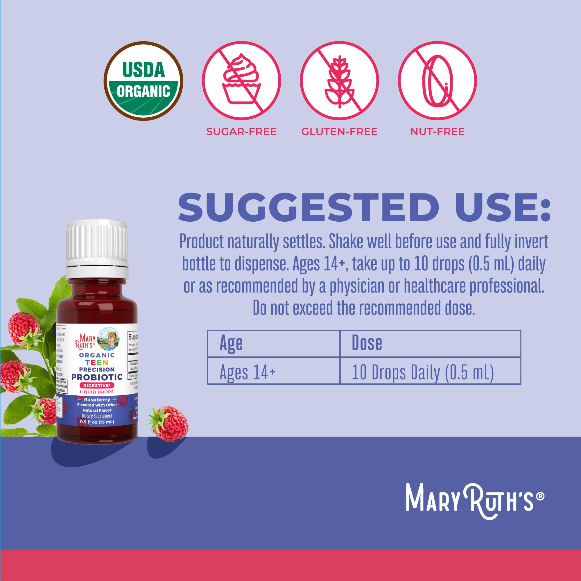 Raspberry-flavored liquid probiotic drops for teens