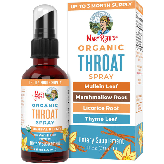 MaryRuth Organics Throat Spray bottle with vanilla flavor and four-herb blend