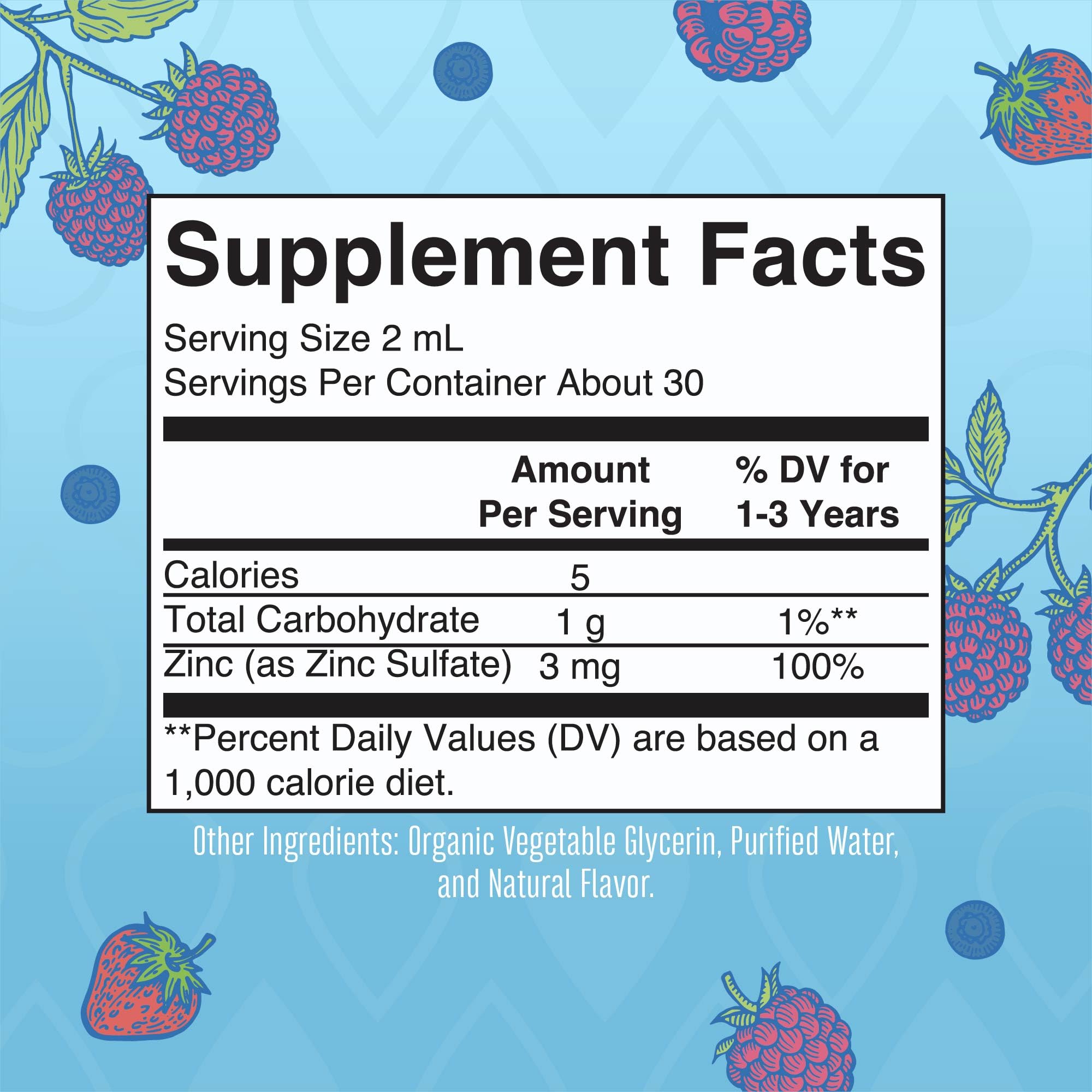 Back view showing dosage and ingredients on MaryRuth Zinc Drops bottle