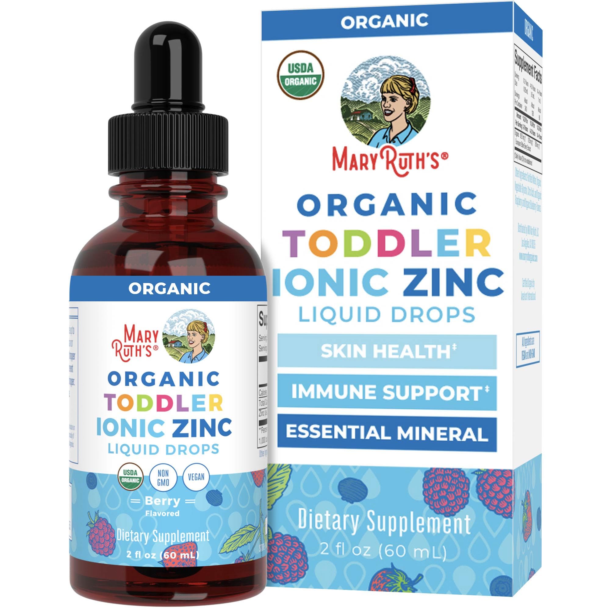 Front view of MaryRuth Organics Toddler Liquid Zinc Drops Berry flavor bottle