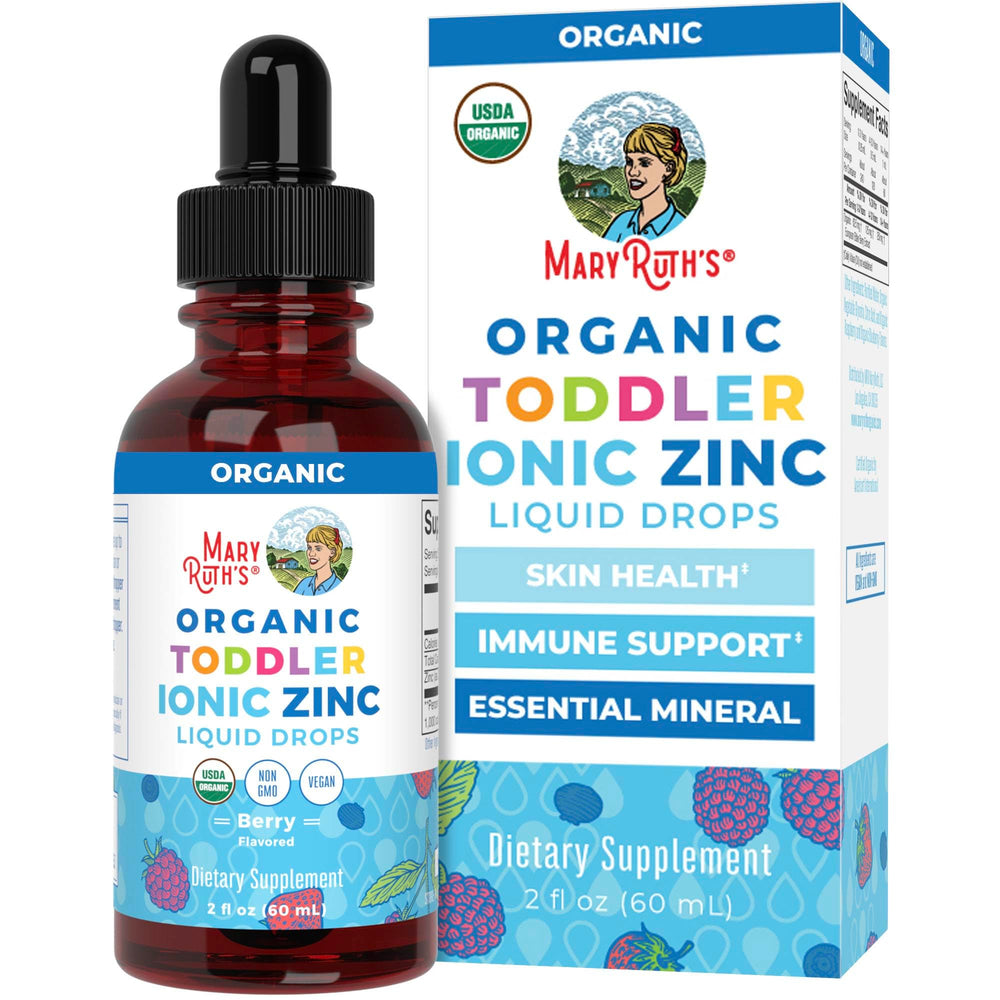 Front view of MaryRuth Organics Toddler Liquid Zinc Drops Berry flavor bottle