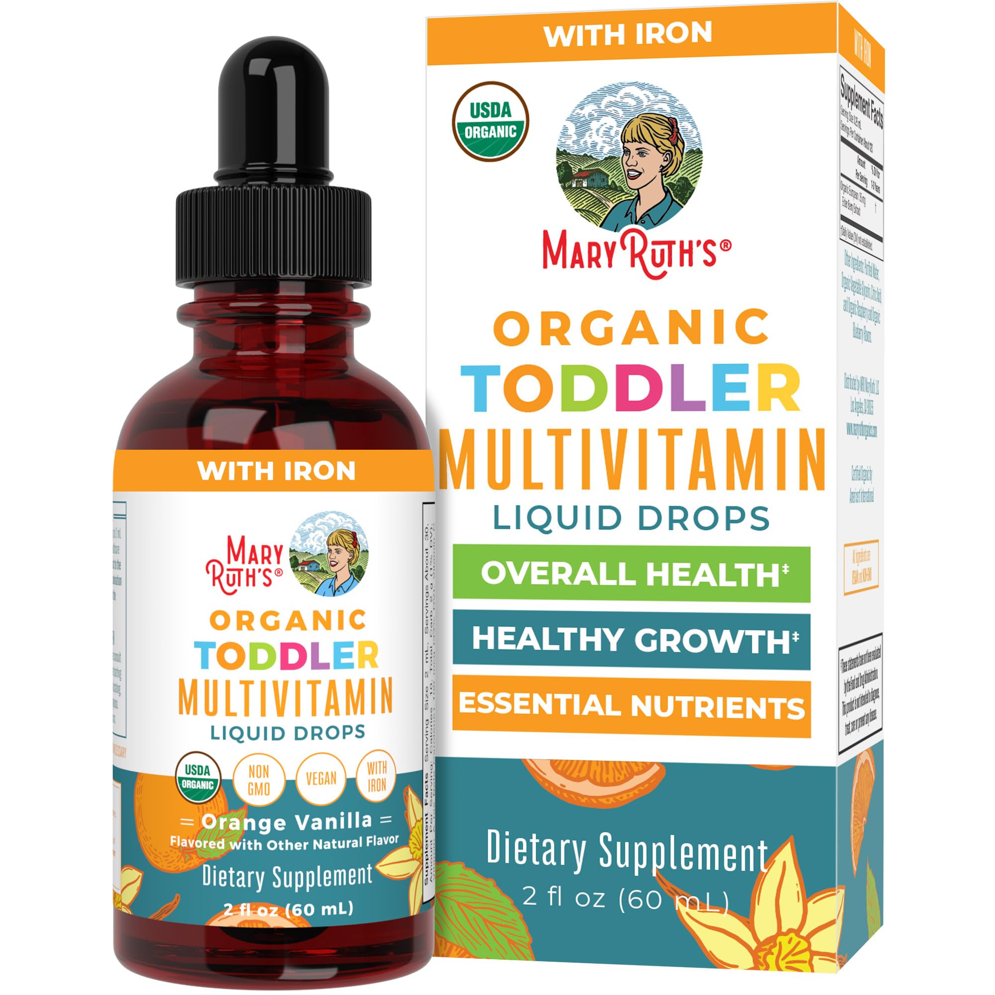 MaryRuth Organics Toddler Multivitamin Drops with Iron bottle (2 oz) on white background