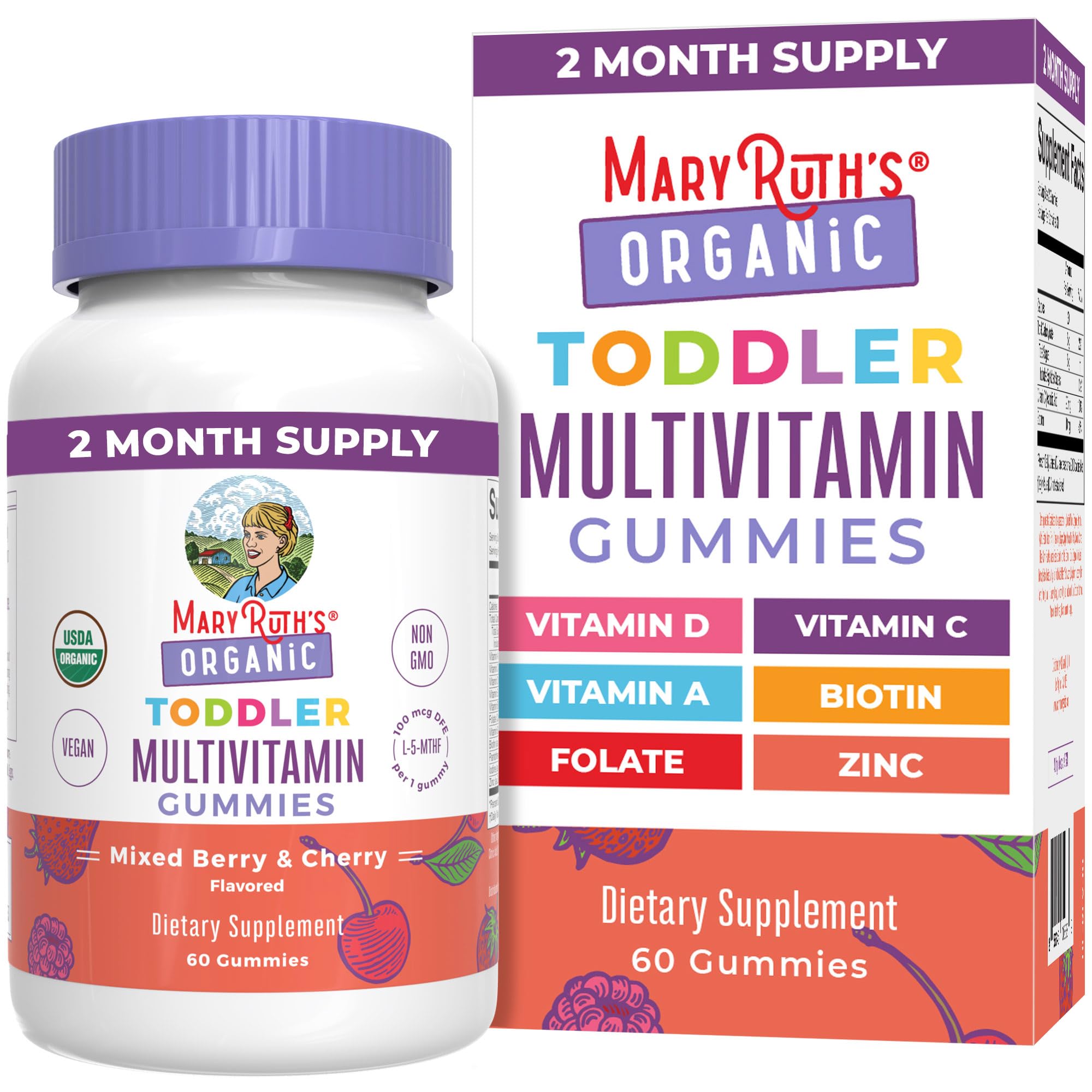 MaryRuth Organics toddler multivitamin gummies bottle with Berry and Cherry flavor