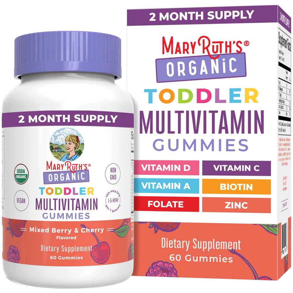 MaryRuth Organics toddler multivitamin gummies bottle with Berry and Cherry flavor