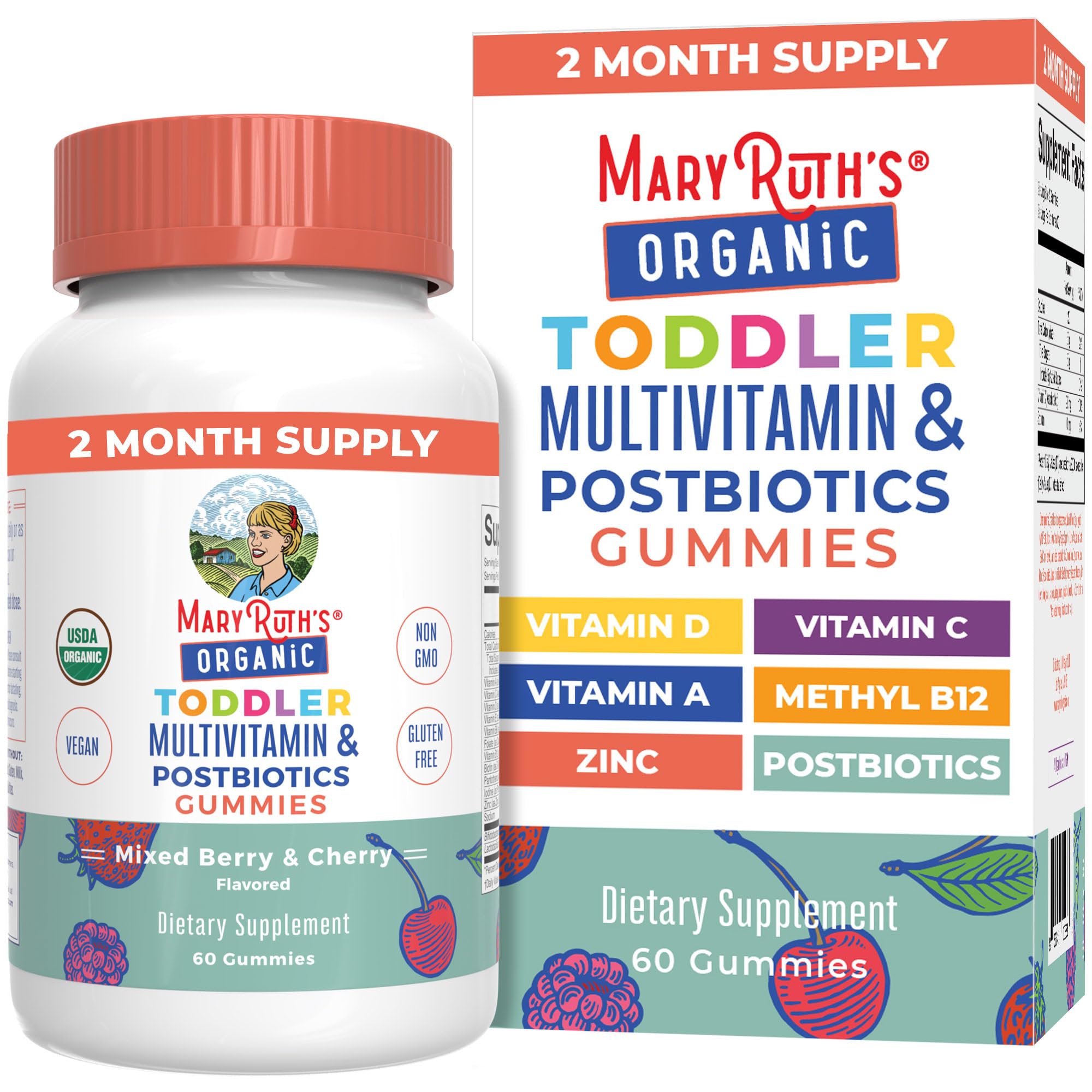 MaryRuth Organics toddler multivitamin gummies with postbiotics in berry and cherry flavors