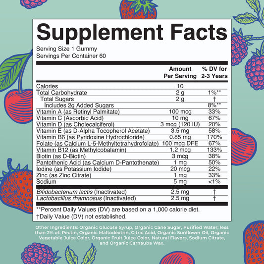 Gummies for toddlers in mixed berry and cherry flavors with postbiotics