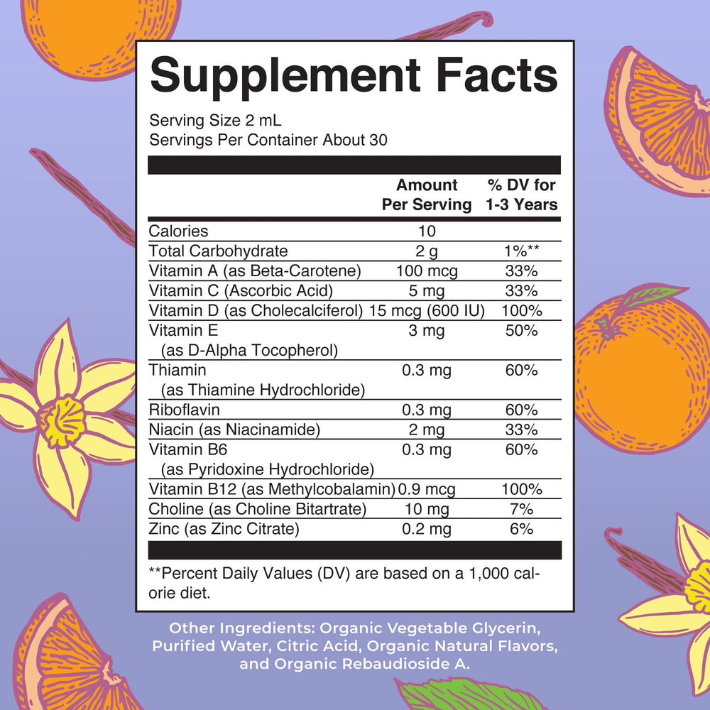 Toddler liquid drops multivitamin orange-vanilla flavor for ages 1-3