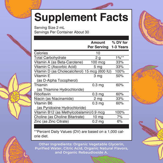 Toddler liquid drops multivitamin orange-vanilla flavor for ages 1-3