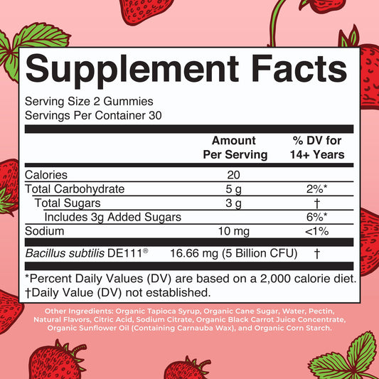 Strawberry-flavored probiotic gummies close-up