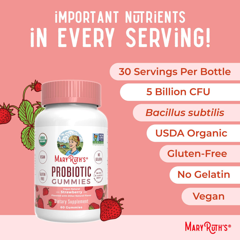 MaryRuth Organics probiotic gummies bottle with glass of water