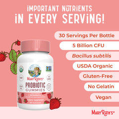 MaryRuth Organics probiotic gummies bottle with glass of water