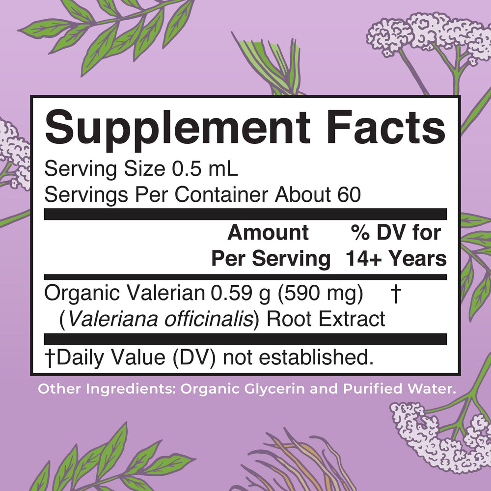 Close-up of MaryRuth Valerian Root Liquid Drops bottle