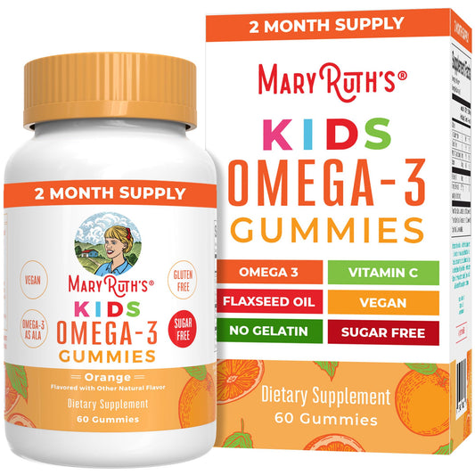 Front view of MaryRuth Organics Vegan Omega-3 Gummies for Kids 2+ 60-count bottle.