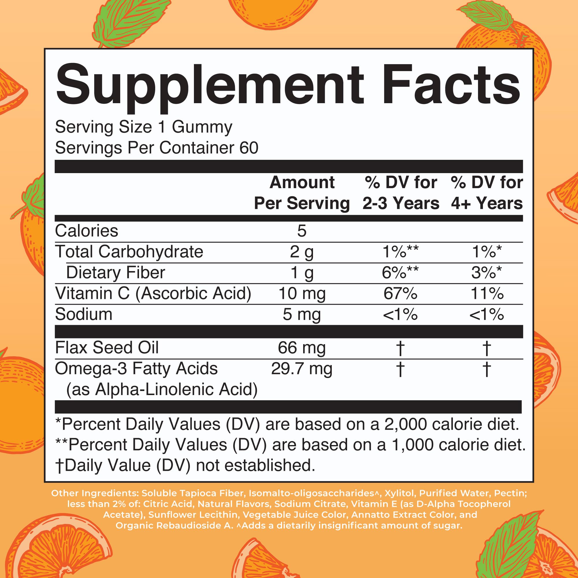 Ingredients panel highlighting flaxseed-derived ALA and vegan formula.