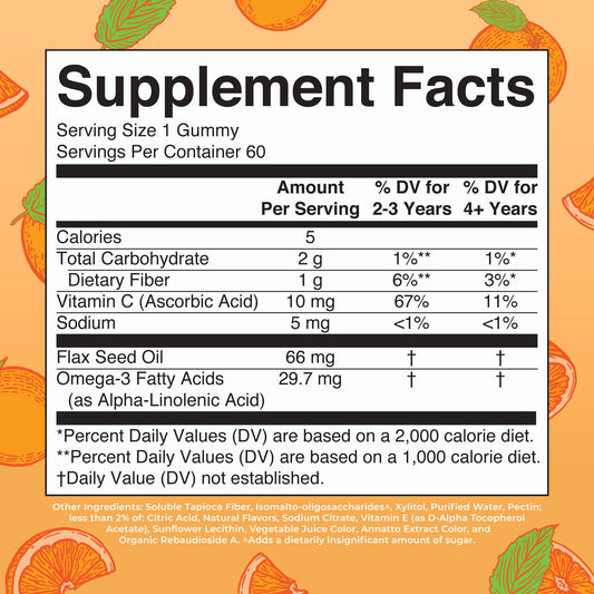 Ingredients panel highlighting flaxseed-derived ALA and vegan formula.