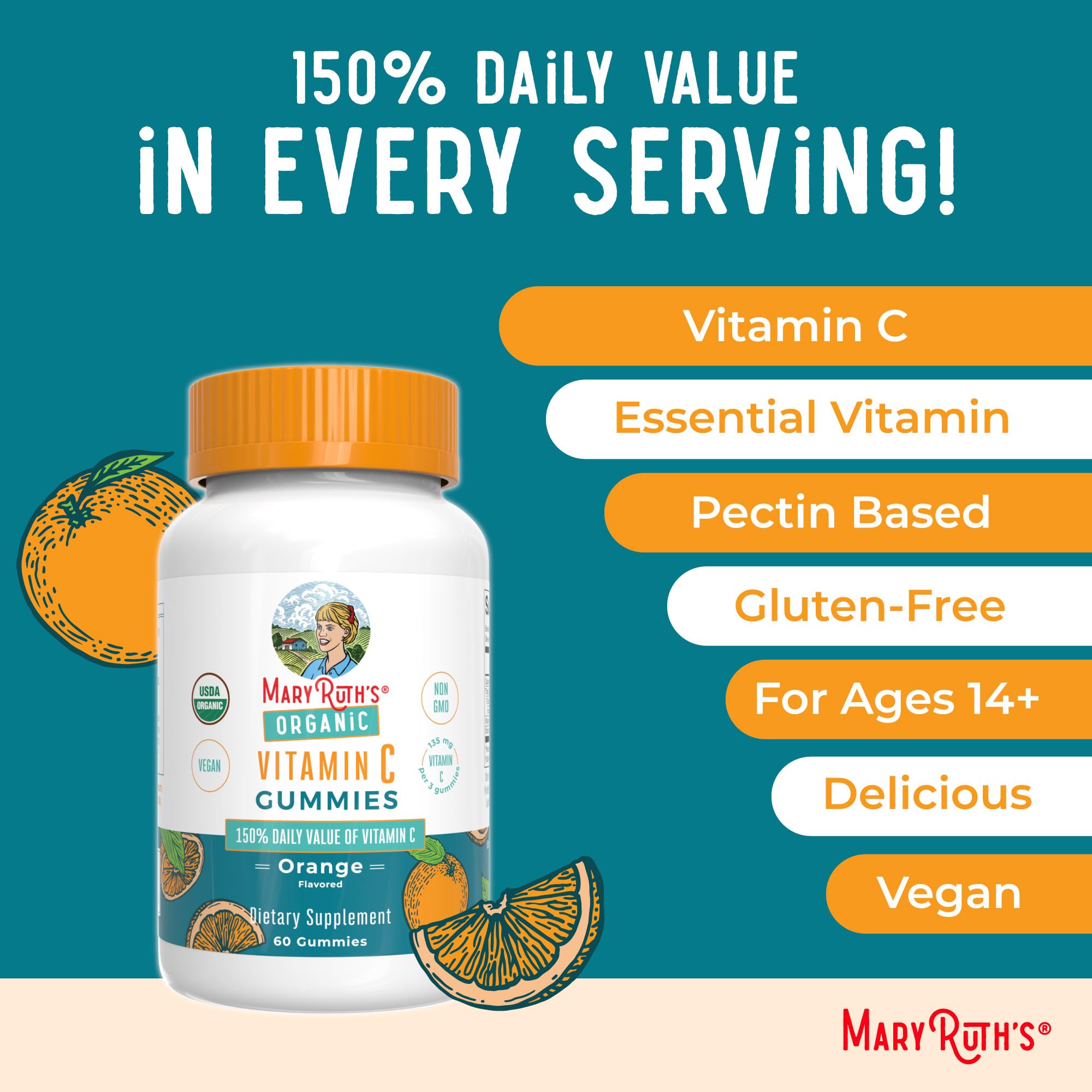 Vegan and Non-GMO icons on MaryRuth Organics Vitamin C Gummies packaging