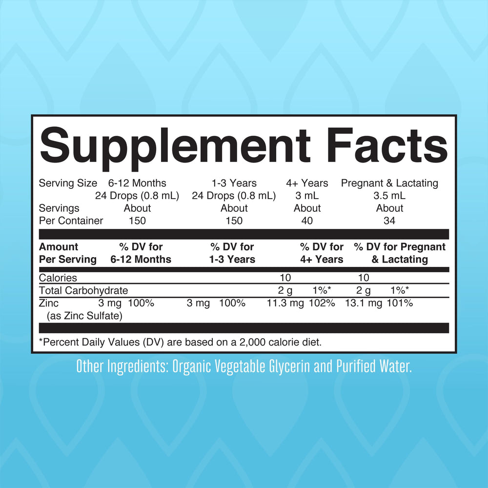 Ionic zinc drops with 3 mL serving (4 pumps)
