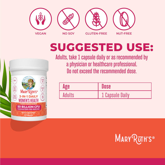 Close-up of MaryRuth's 3-in-1 Daily Health Probiotics bottle