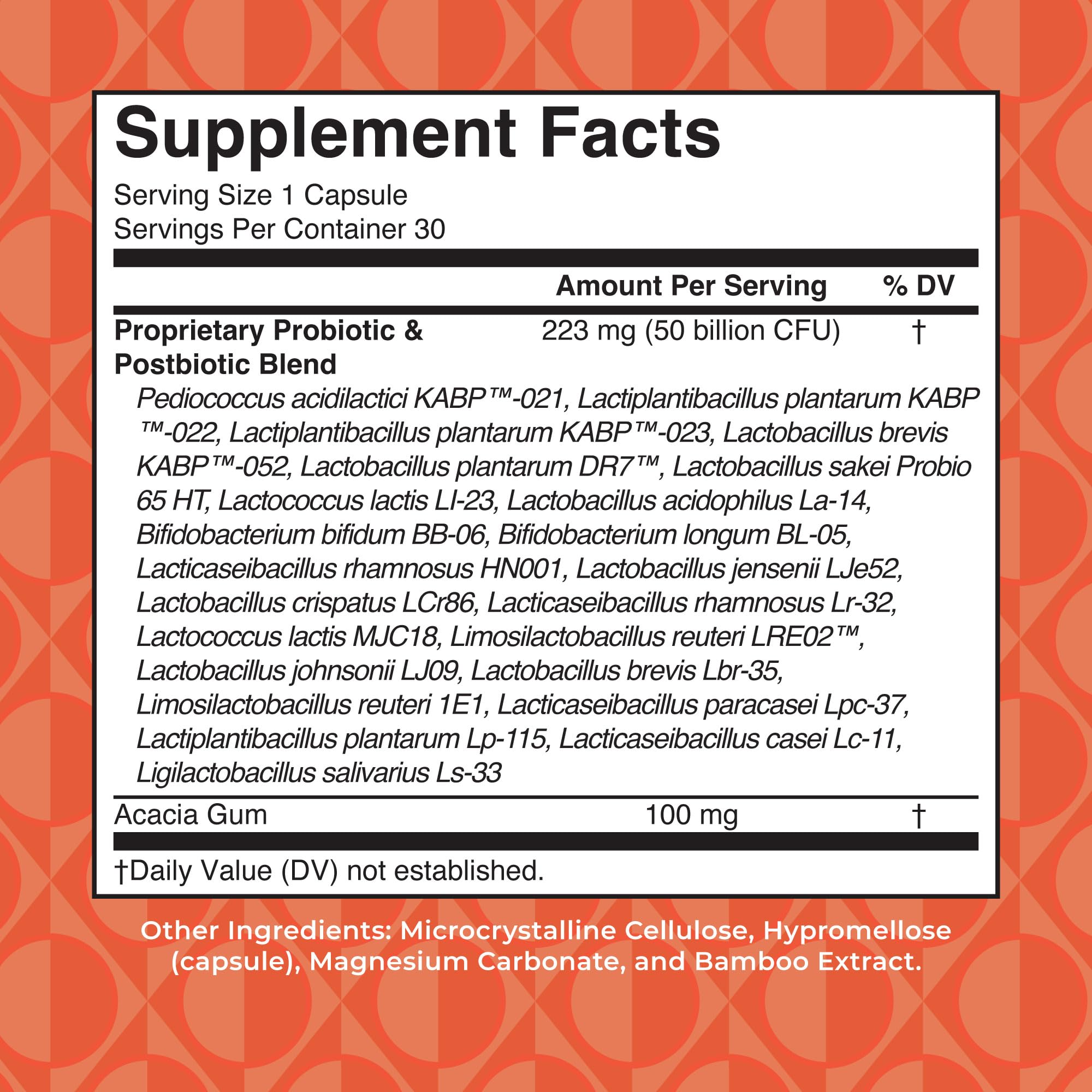 Label showing 50 Billion CFU and 23 probiotic strains