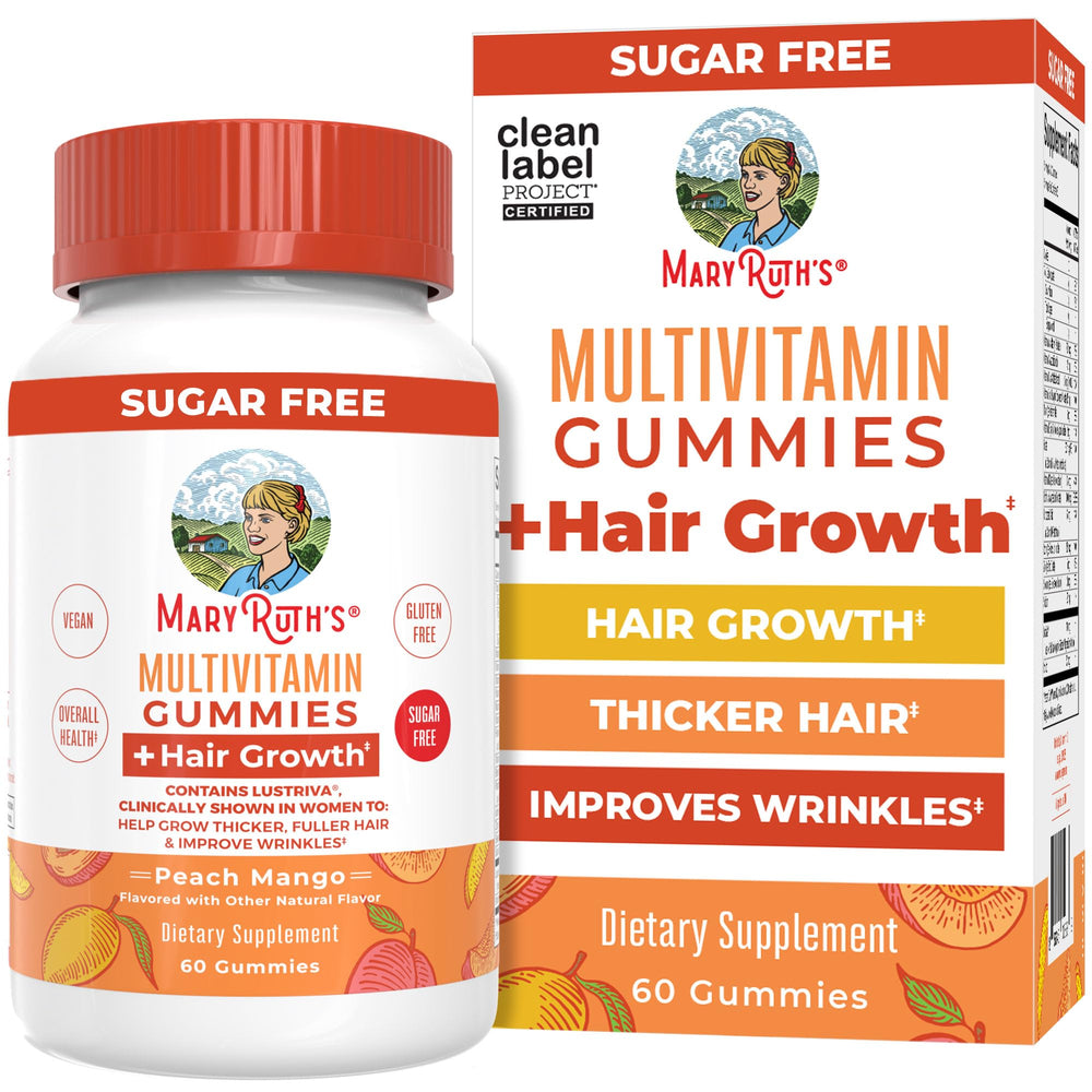 MaryRuth's Multivitamin Hair Growth Gummies bottle featuring Lustriva for potential thicker hair