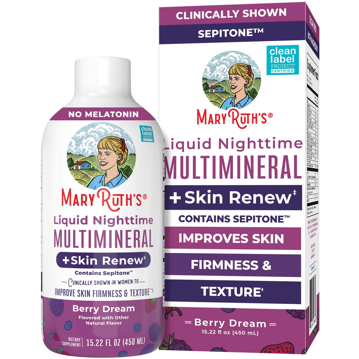 MaryRuth's Liquid Nighttime Multimineral + Skin Renew bottle on white background