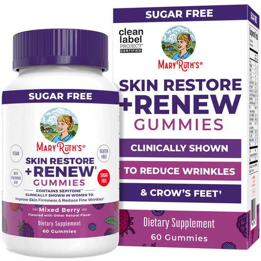 MaryRuth's Skin Restore & Renew Gummies bottle featuring Hyaluronic Acid