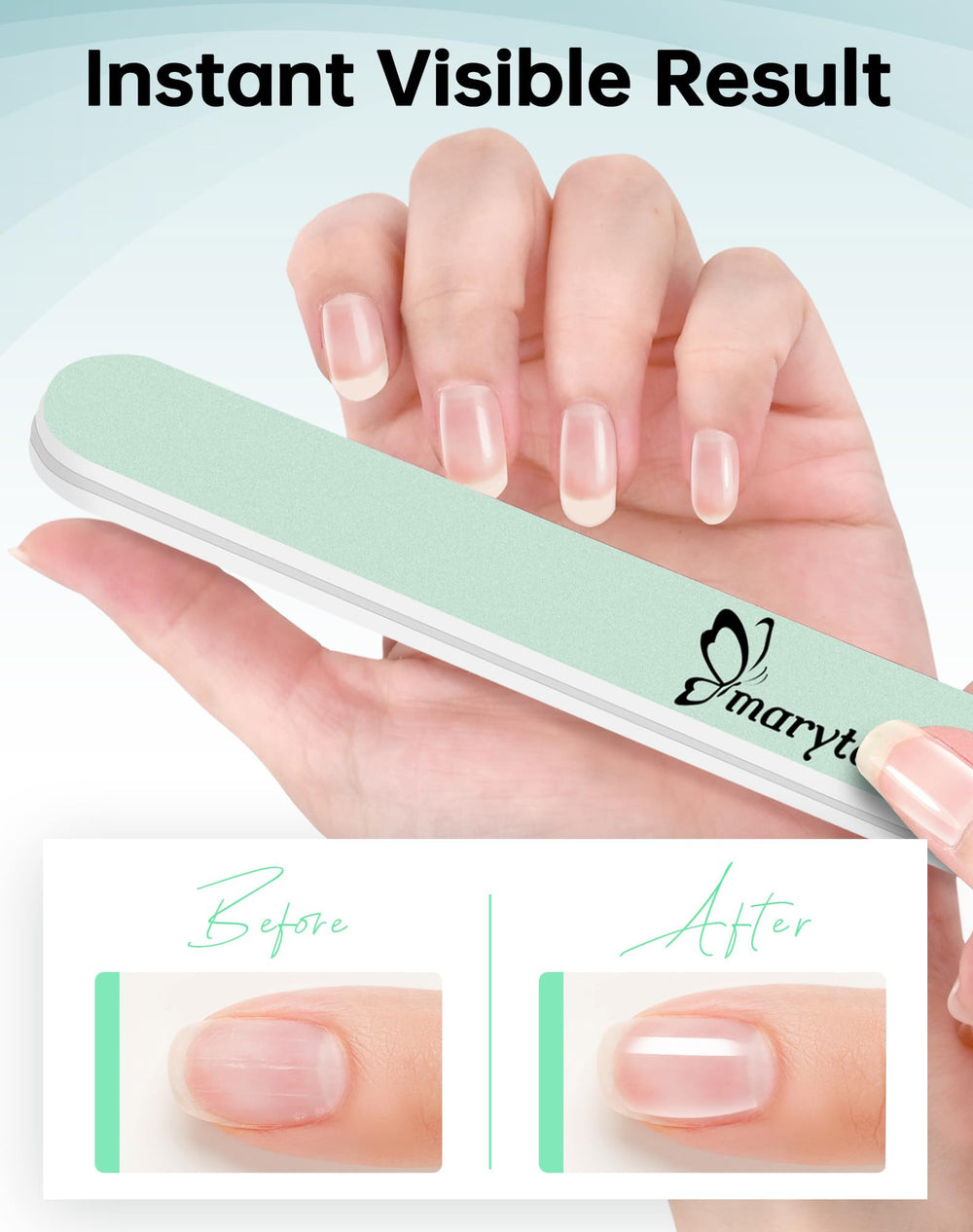Maryton buffer in hand applying polish-free shine to nails