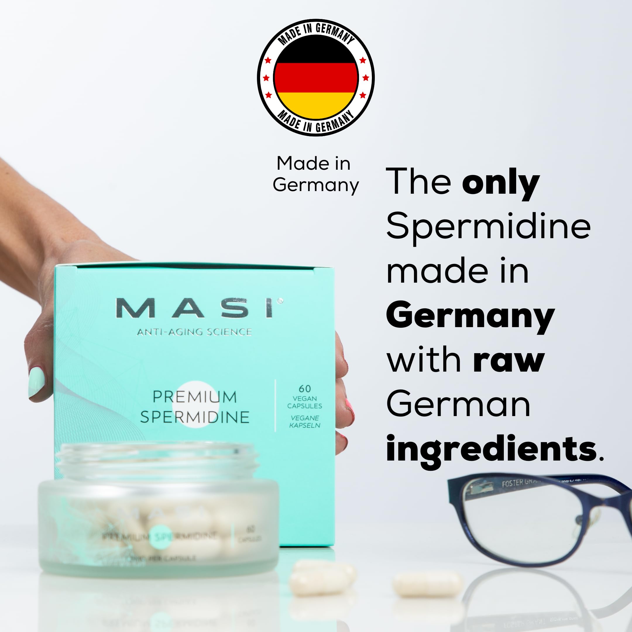 Close-up of MASI Spermidine capsules showing 1.5 mg label