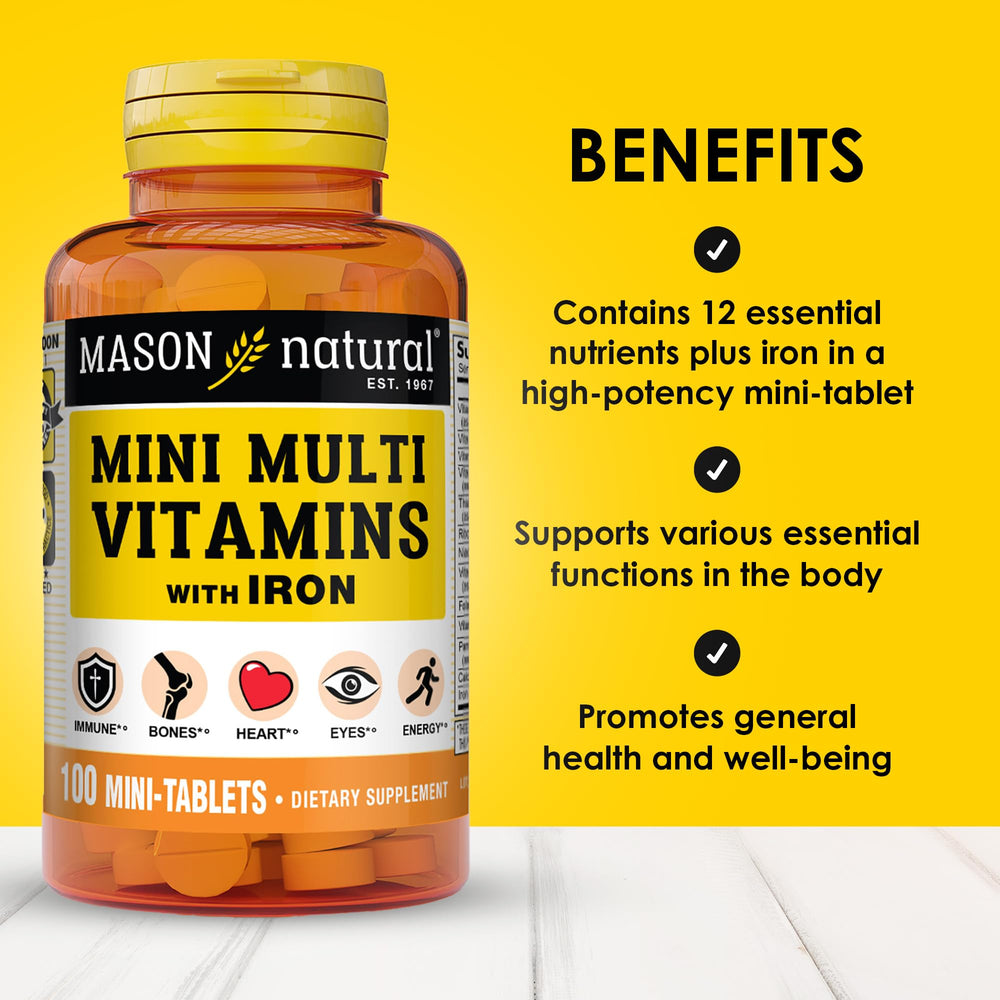 Label detailing ingredients and nutrition for Mason Natural Daily Mini Multi Vitamins