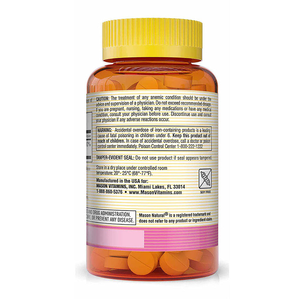 Label showing ingredients and certifications for Mason Natural Ferrous Gluconate