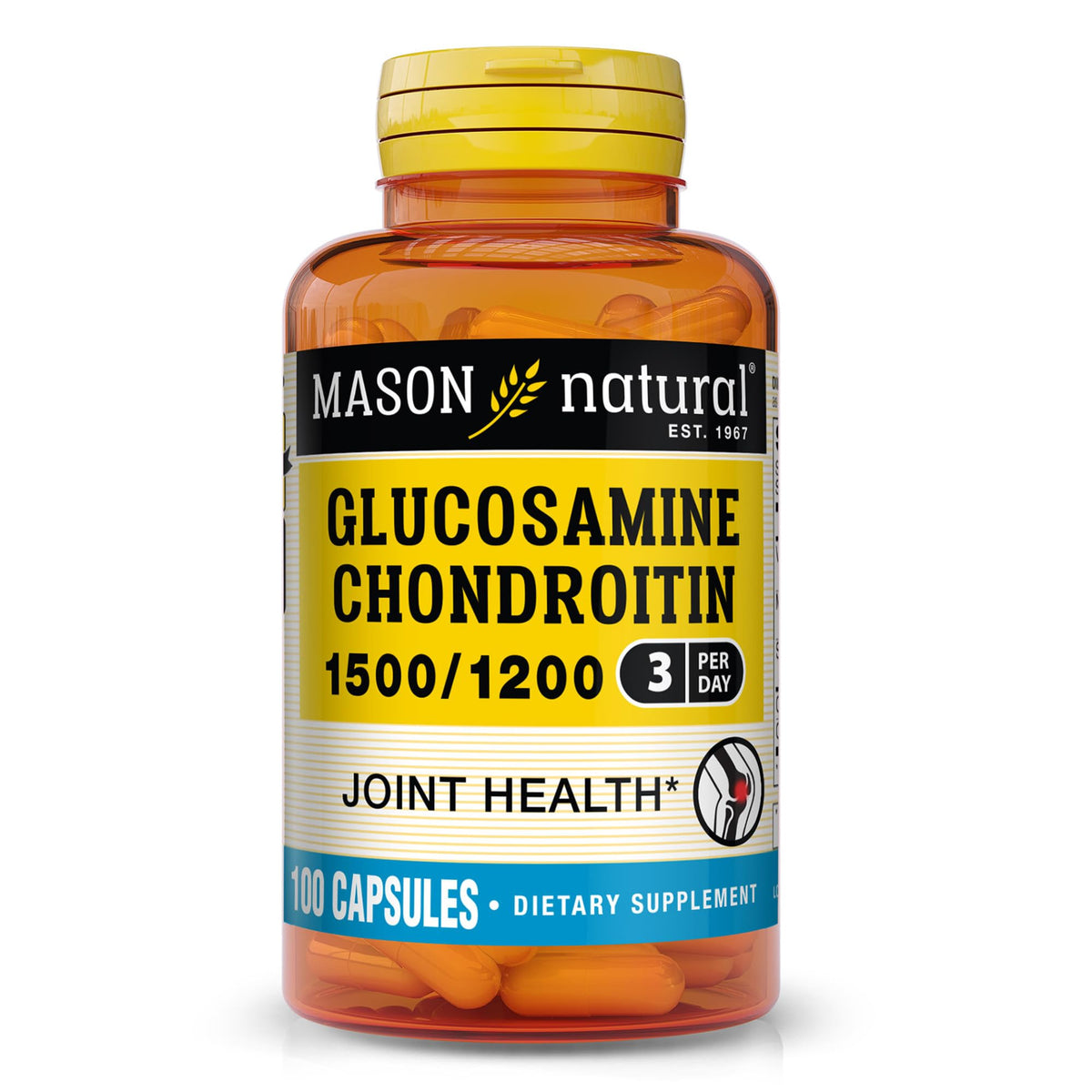 Bottle of Mason Natural Glucosamine Chondroitin 1500/1200 with Vitamin C, 100 capsules