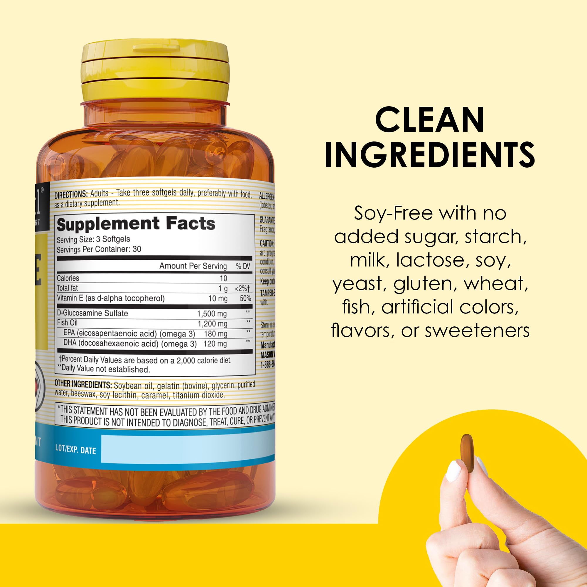 Label showing 1,500 mg Glucosamine Sulfate and 1,200 mg Fish Oil