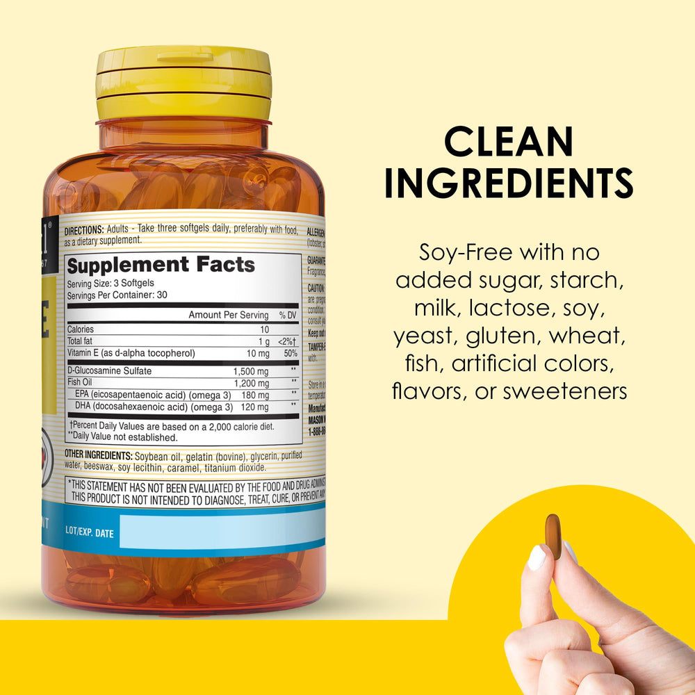 Label showing 1,500 mg Glucosamine Sulfate and 1,200 mg Fish Oil