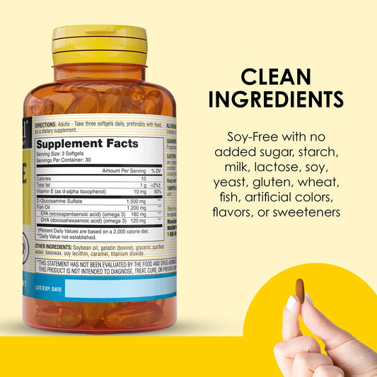 Label showing 1,500 mg Glucosamine Sulfate and 1,200 mg Fish Oil