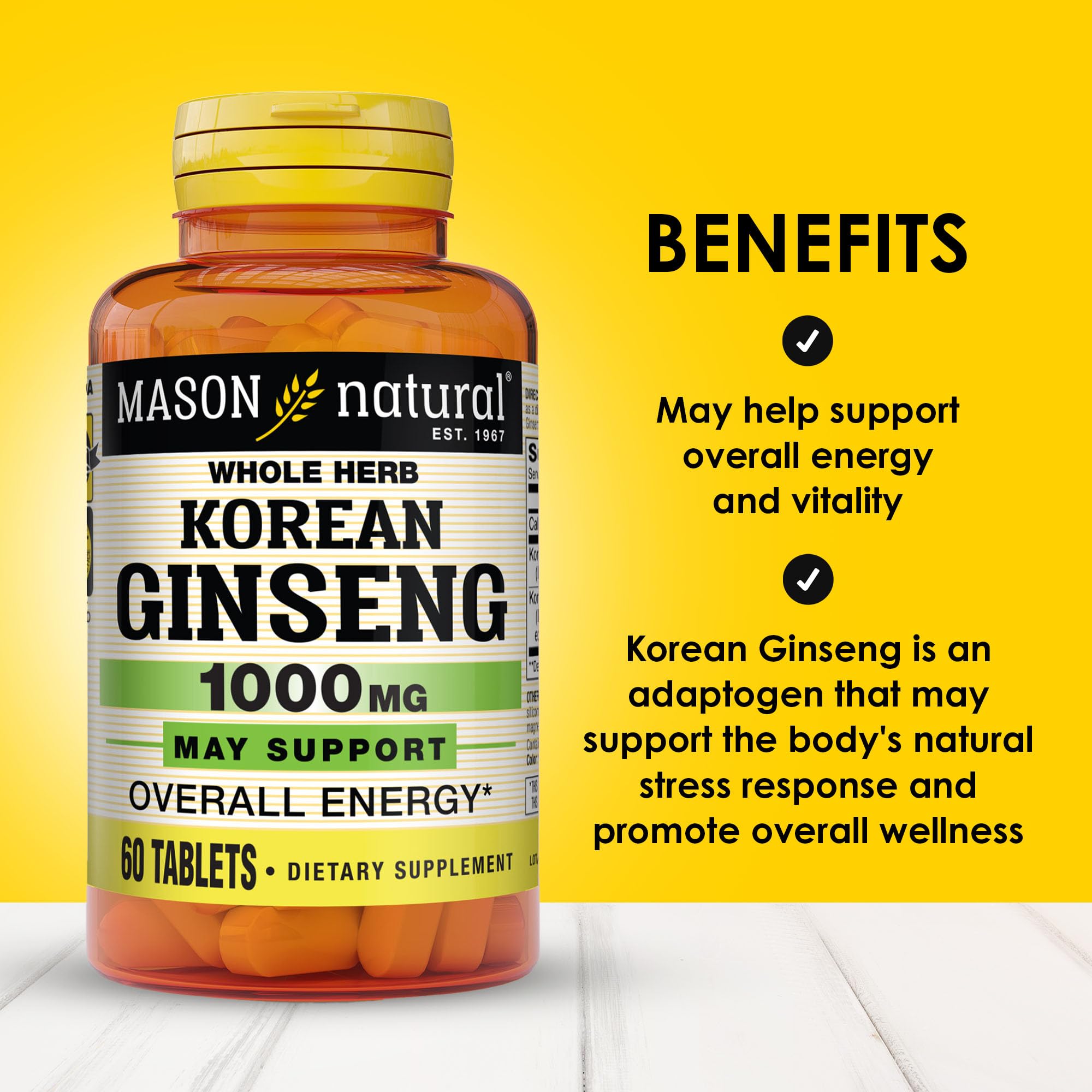 Supplement facts panel for Mason Natural Korean Ginseng