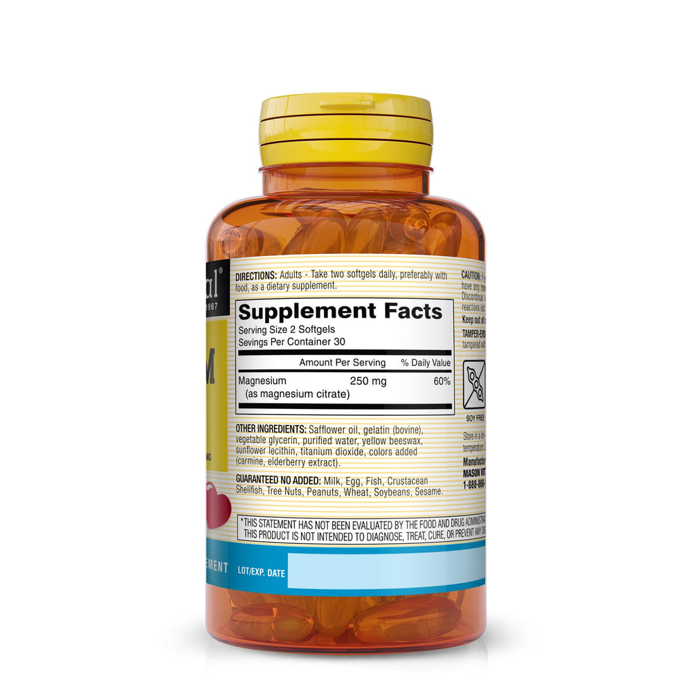 Mason Natural Magnesium Citrate 250 mg softgels – back label with ingredients