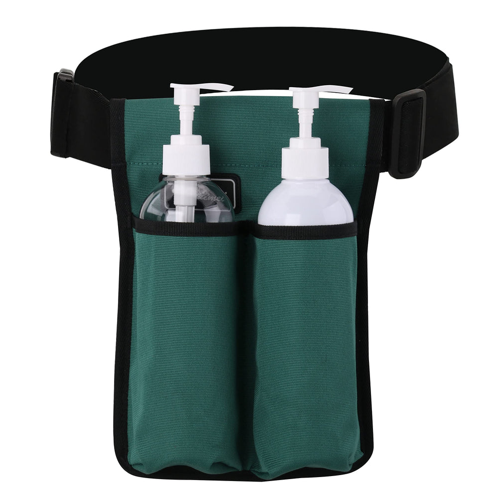 Green massage bottle holster belt with multiple pockets - front view