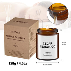Product shot of the massage oil candle with packaging