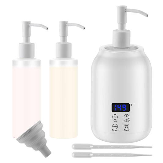 White massage oil heater warmer with front display and two dispenser bottles
