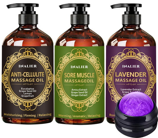 Three-bottle massage oil set with ginger, arnica, and lavender