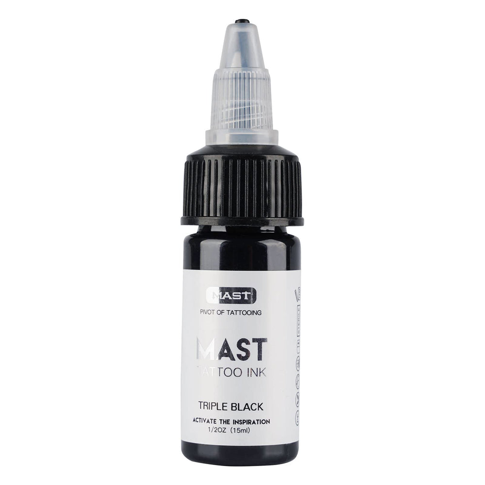 MAST TATTOO triple black ink bottle highlights deep, lasting color.