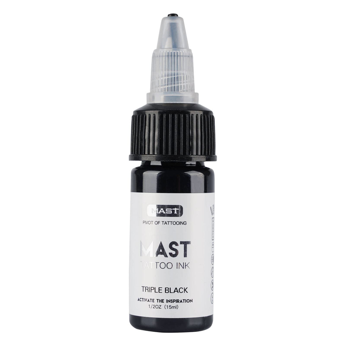 MAST TATTOO triple black ink bottle highlights deep, lasting color.