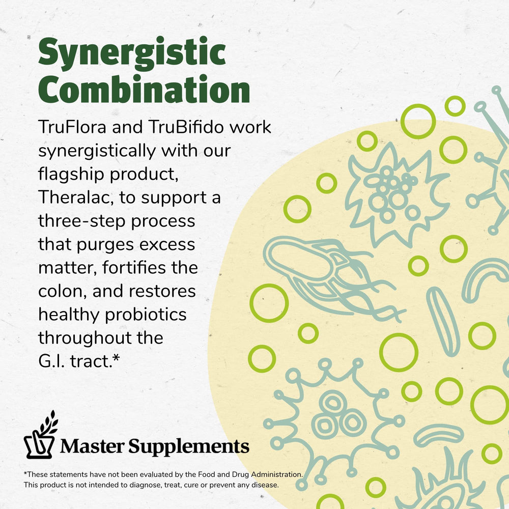 TruFlora 30-count probiotic bottle by Master Supplements with digestive enzymes